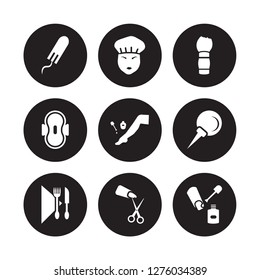 9 vector icon set : Tampon, Shower cap, Napkin, Nasal aspirator, Pedicure, Shaving brush, Sanitary napkin, Nail scissors isolated on black background