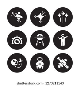 9 vector icon set : Telescope, Supernova, Space travel, Spaceman, Sputnik, Stars, Stargate, suit isolated on black background