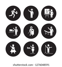 9 vector icon set : Thief, Telemarketer, Superhero, Surgeon, Swat, Teacher, Taxi driver, stewardess isolated on black background