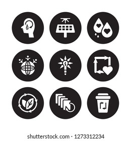 9 vector icon set : Think eco, Solar panels, Renewable, Reuse, Save energy, water, the world, Recycled Paper isolated on black background