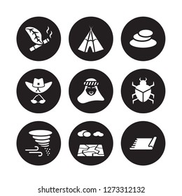 9 vector icon set : Tobacco, Tepee, Sandstorm, Scarab, Sheik, Stone, Sheriff Hat, Salty desert isolated on black background