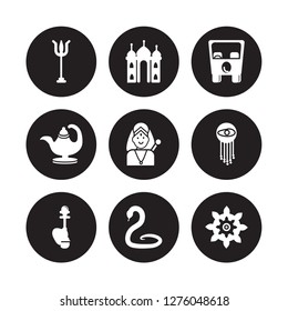 9 vector icon set : Trident, Taj mahal, Hookah, Indian, Indra, Rickshaw, Oil Lamp, Cobra isolated on black background