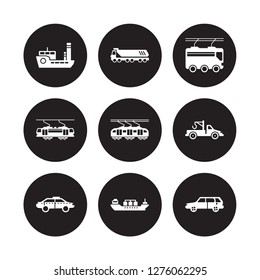 9 vector icon set : tugboat, Truck, Taxi, Tow truck, Train, Trolleybus, Tramway, Tanker isolated on black background