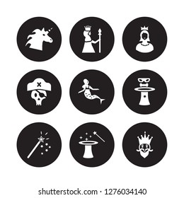 9 vector icon set : Unicorn, Queen, Magic wand, Magician, Mermaid, Princess, Pirate, isolated on black background