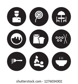 9 vector icon set : Valet, Toilet paper, Spaghetti, Sushi, Take away, Terrace, Takoyaki, Spa isolated on black background