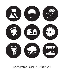 9 Vector Icon Set : Volcano, Umbrella, Tornado, Tropical Storm, Tsunami, Typhoon, Twilight, Thundersnow Isolated On Black Background