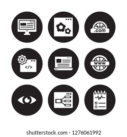 9 vector icon set : Web page, optimization, Visibility, Web, de, domain, development, UX De isolated on black background