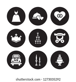 9 vector icon set : Wedding dress, wedding Dinner, car, Carriage, Champagne, day, Crown, Candle isolated on black background