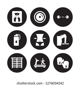 9 vector icon set : Weight scale, plates, Trellis, Triceps bar, Waist, Water bottle, Treadmill isolated on black background