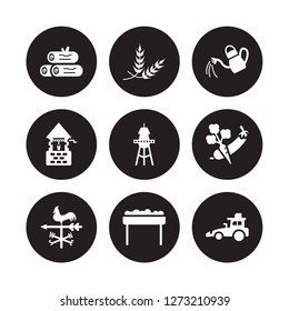 9 vector icon set : wood logs, Wheat, Vane, Vegetable, Water tower, Watering can, water Well, Trough isolated on black background