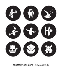 9 vector icon set : Zeus, Yeti, Viking ship, Warrior, Werewolf, Wizard, Witch, Vampire isolated on black background