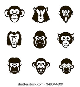 9 vector icons of black monkeys on a white background 2016
