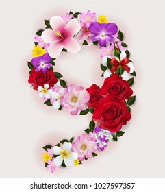 9, vector number font with realistic of beautiful tropical flowers on background color.