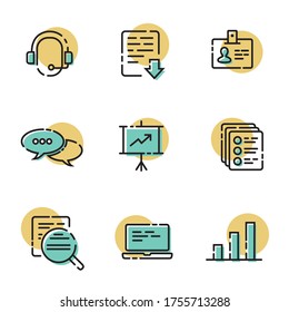 9 vector office icons in a two color line art style. Stroke editable.