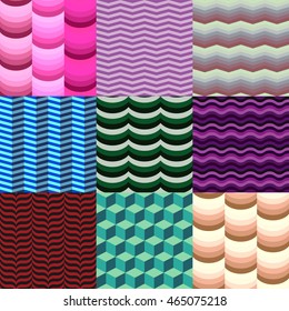 9 vector seamless patterns set. Abstract pale blue chevrons texture. Yellow wavy line modern fond. Cyan Necker Cube. 