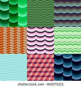 9 vector seamless patterns set. Abstract pale green chevrons texture. Wavy line soft colored modern fond. Necker Cube. 