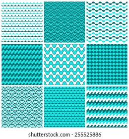 9 patrones vectoriales sin fisuras con la textura del agua y las olas del mar.