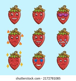 9 vector set of female strawberry emoticons with ribbons, strawberry characters with different expressions