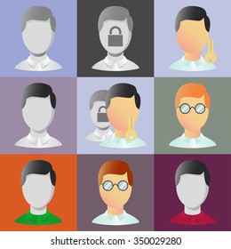 9 vector users icons set. Avatar sign. Grey hair. Faceless. Geek glasses. Blue shirt. Nine users signs. Red shirt. Closed user.. Block. Lock and key. Closed user. Blocked people. User with a key. 