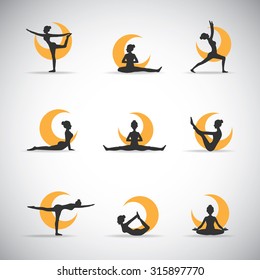 9 vector yoga pose silhouettes with the moon