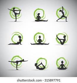 9 Vector Yoga Pose Silhouettes With Green Background