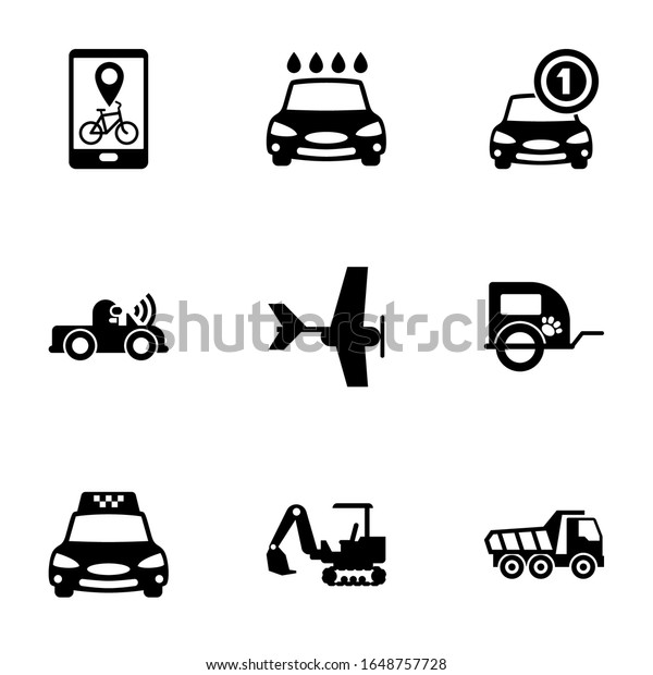 9 vehicle\
filled icons set isolated on white background. Icons set with Bike\
rental app, Car wash service, Car rental, Autonomous, Aeromodeling,\
pet trailer, Taxi service\
icons.