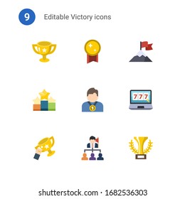 9 íconos planos de victoria puestos aislados en . Iconos con premios, logros, ranking, ganador, casino en línea, éxito, Liderazgo, íconos campeones.