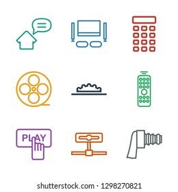 9 video icons. Trendy video icons white background. Included outline icons such as camera zoom, camera, Finger pressing play button, remote control. video icon for web and mobile.