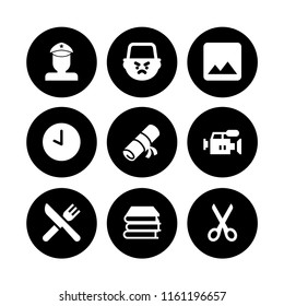 9 vintage icons in vector set. restaurant, film, militar and mountain range on black background illustration for web and graphic design