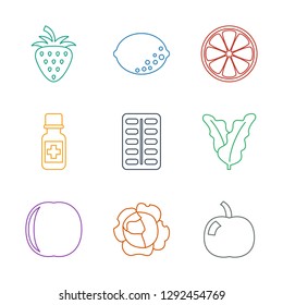 9 vitamin icons. Trendy vitamin icons white background. Included line icons such as apple, cabbage, peach, spinach, pill, medicine bottle, lemon. vitamin icon for web and mobile.