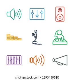 9 volume icons. Trendy volume icons white background. Included outline icons such as megaphone, slider, dj, earphones, equalizer, loudspeaker. volume icon for web and mobile.