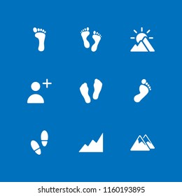 9 walk icons in vector set. mountain, follow, two feet and footprint illustration for web and graphic design