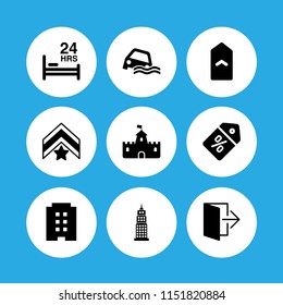 9 wall icons in vector set. hotel with three floors, fortress, chevron and bed illustration for web and graphic design