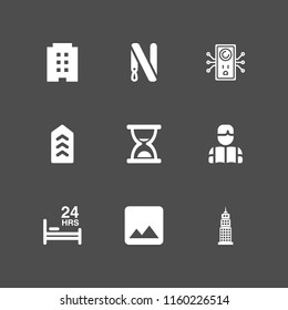 9 wall icons in vector set. skyscraper, hypen, clock and hotel with three floors illustration for web and graphic design