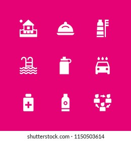 9 wash icons in vector set. toothbrush, shampoo, washer and dish illustration for web and graphic design