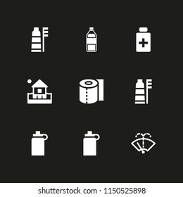 9 wash icons in vector set. toothbrush, washer, antiseptic and clean illustration for web and graphic design