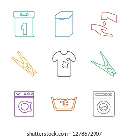 9 washing icons. Trendy washing icons white background. Included line icons such as washing machine, laundry, cloth pin, dirty laundry, hands washing. icon for web and mobile.