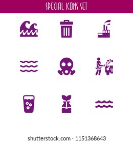 9 waste icons in vector set. radioactive, car wash, straw and industrial building with contaminants illustration for web and graphic design