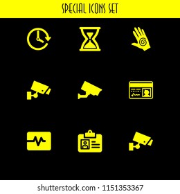 9 watch icons in vector set. cctv, heart rate monitor, spiral and clock illustration for web and graphic design