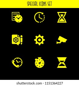 9 watch icons in vector set. stopwatch, cog, time left and clock illustration for web and graphic design