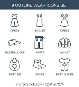 9 wear icons. Trendy wear icons white background. Included outline icons such as dress, singlet, baseball cap, pants, jacket, baby bid, socks, baby onesie. wear icon for web and mobile.