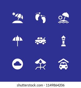 9 weather icons in vector set. umbrella, sun umbrella, human foot prints and damage illustration for web and graphic design
