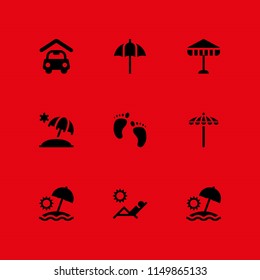 9 weather icons in vector set. carport, umbrella, human foot prints and sun umbrella illustration for web and graphic design