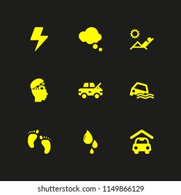 9 weather icons in vector set. drop, flood, damage and sun illustration for web and graphic design