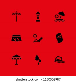 9 weather icons in vector set. drop, sun umbrella, street lamp and head illustration for web and graphic design