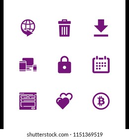 9 web icons in vector set. bitcoin, tablet, hearts outline icon and design illustration for web and graphic design