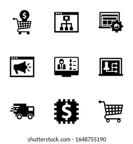 9 webinar filled icons set isolated on white background. Icons set with Online Training, Mobile Learning, Interactive Course, Video training, Webinar, Distance teacher icons.