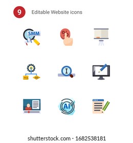 9 website flat icons set isolated on . Icons set with Social Marketing, Click Through Rate, Board stand, Algorithm, Search engine, Digital illustration, eCommerce marketing icons.