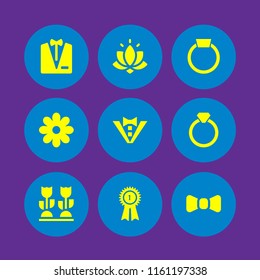 9 wedding icons in vector set. ring with precious stone, ring with precious gem, groom and flowers illustration for web and graphic design