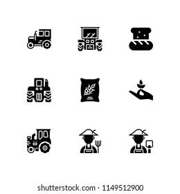 9 wheat icon set with tractor, hand holding a stalk and grain vector illustration for graphic design and web